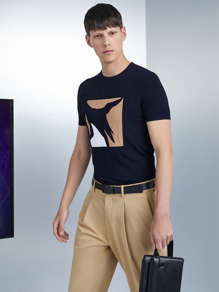 红领男装2021春夏季黑色印花T恤