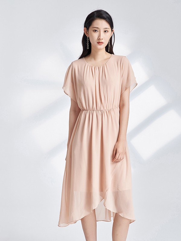 杨门女装2021春夏季裸色不对称连衣裙