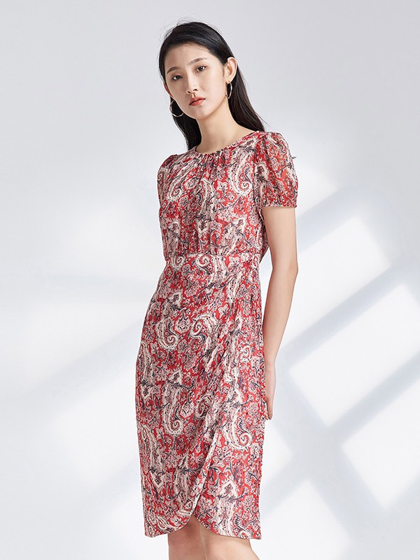 杨门2021春夏季红色印花连衣裙