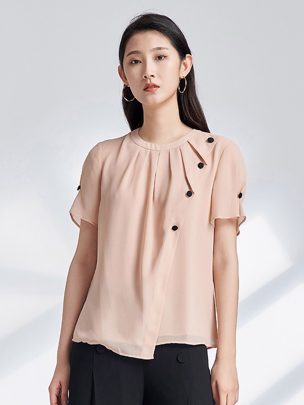 杨门女装2021春夏季裸色印花T恤