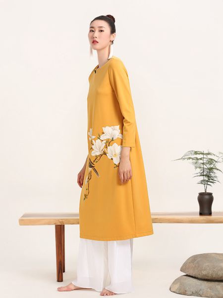 晒谷场女装2021秋冬季黄色印花连衣裙