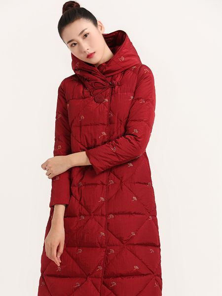 晒谷场女装2021秋冬季红色印花棉服