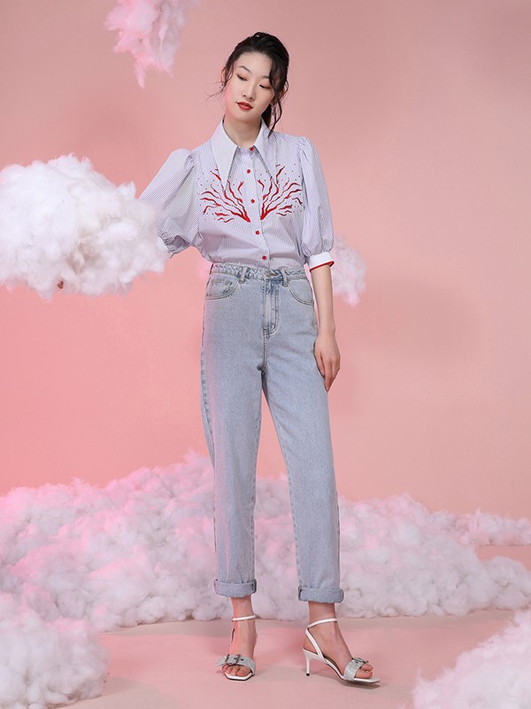 云思木想2021春夏季灰色印花衬衫