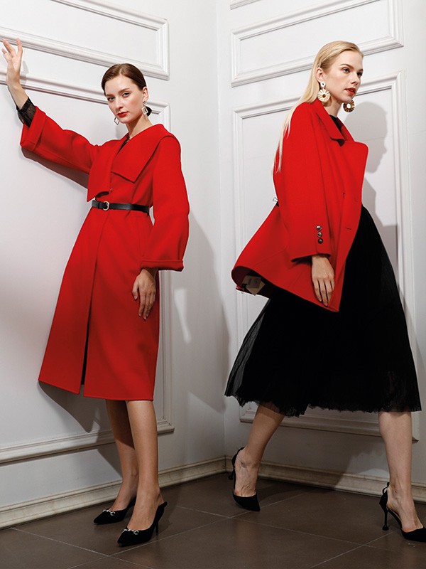乔帛2021秋冬季红色长款大衣