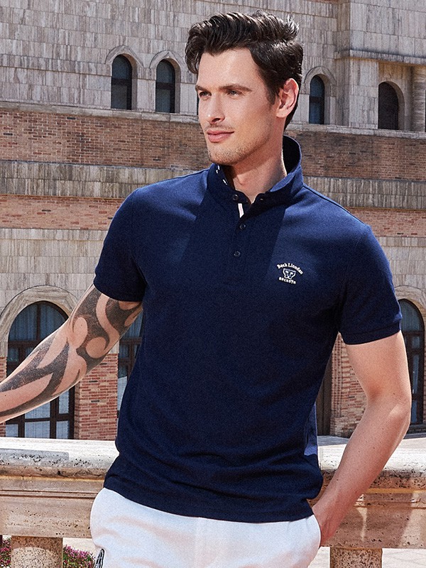 贝克狮丹男装2021秋冬季藏蓝色印花polo衫