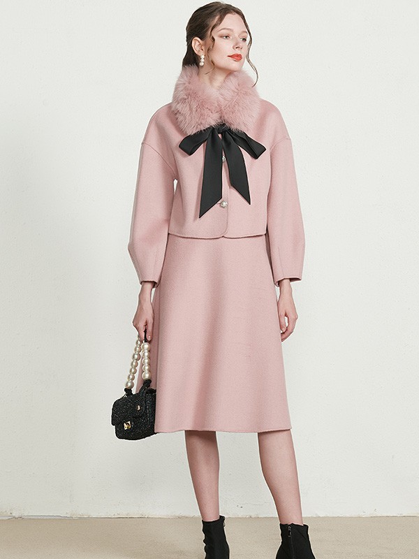 摩卡女装2021秋冬季粉色带毛领大衣