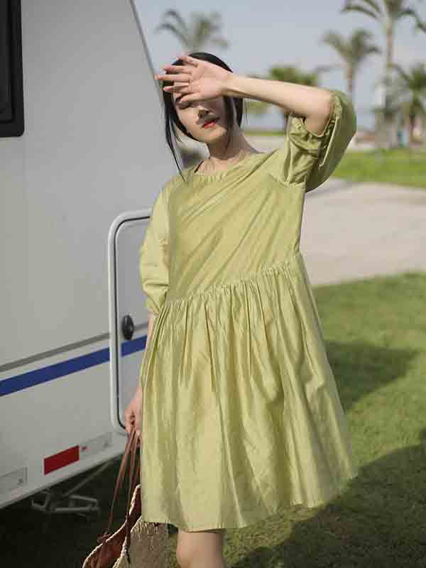 荣子2021春夏季绿色纯色连衣裙