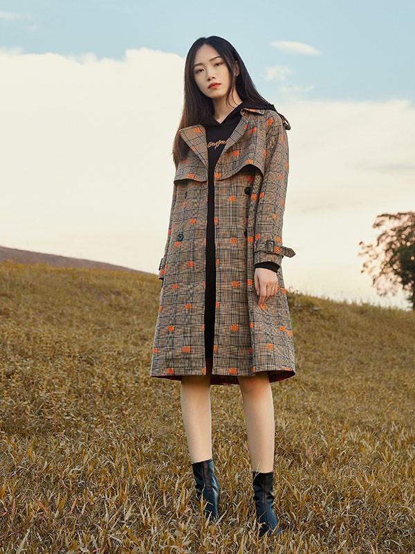荣子2021秋冬季棕色格子大衣