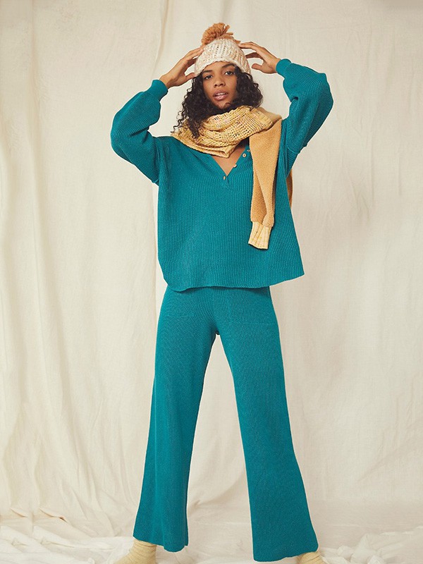 FreePeople2022秋冬季绿色阔腿裤