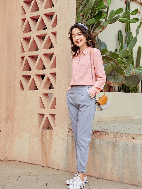 艾路丝婷女装2022秋冬季粉色衬衫