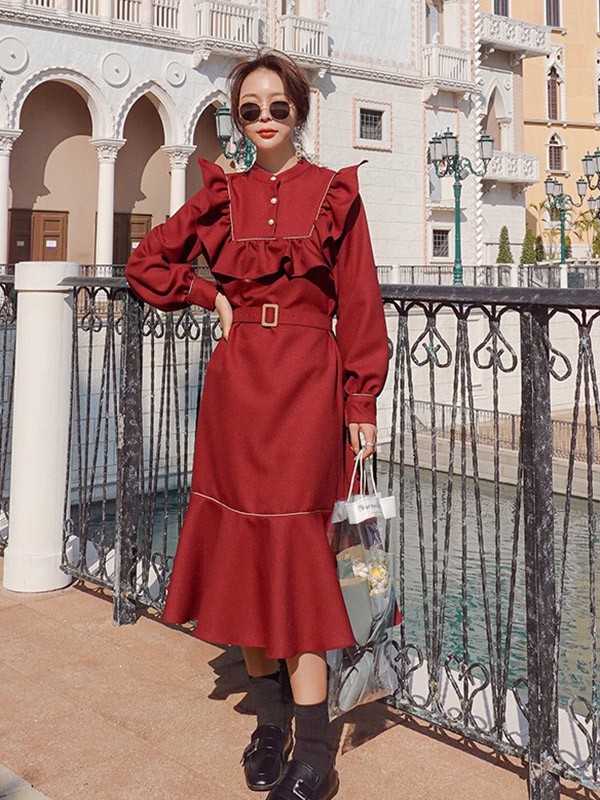 爱丽缇2022秋冬季红色连衣裙