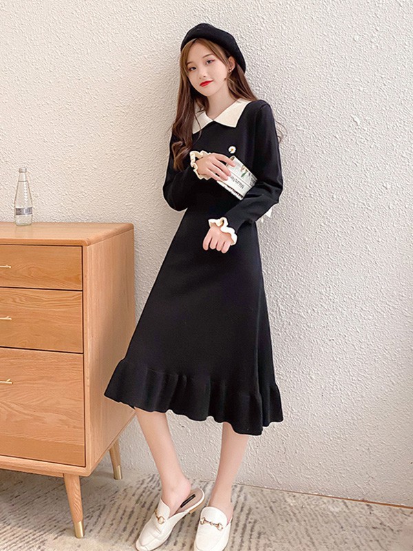 叶枫翎女装2022秋冬季黑色连衣裙