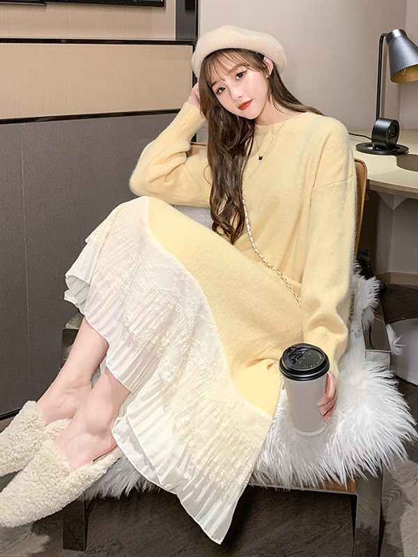 叶枫翎女装2022秋冬季黄色连衣裙