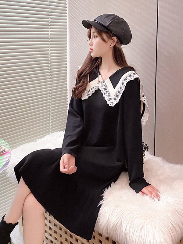 叶枫翎女装2022秋冬季黑色连衣裙