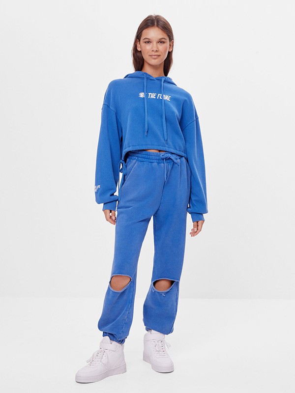 巴适卡休闲装2022秋冬季蓝色T恤