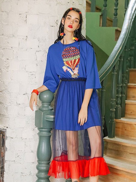 天使之城女装2022秋冬季蓝色连衣裙