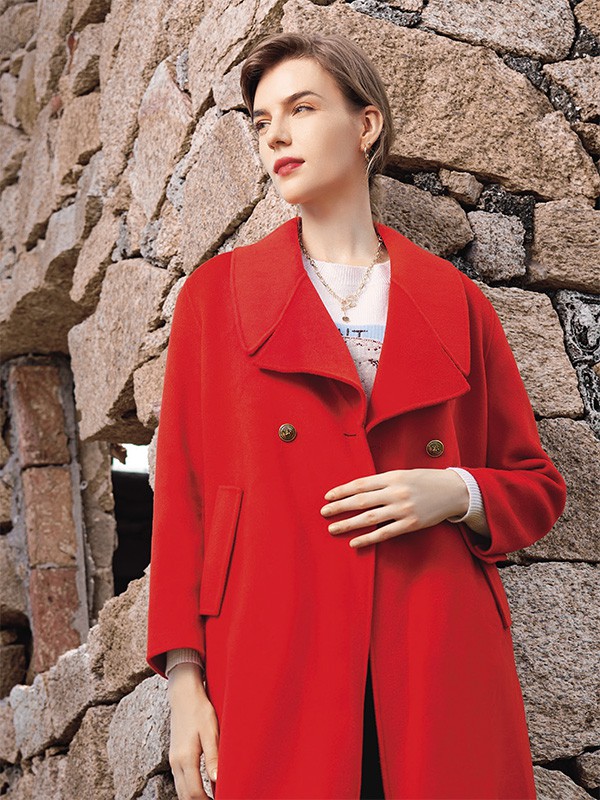 迪图女装2022秋冬季红色大衣