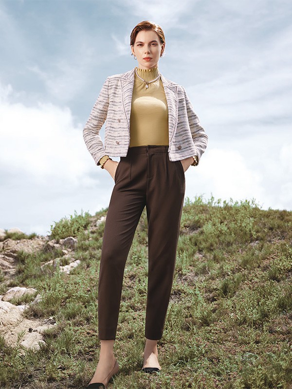 迪图女装2022秋冬季咖啡色长裤