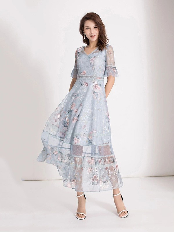 江韵古歌女装2022春夏季蓝色连衣裙