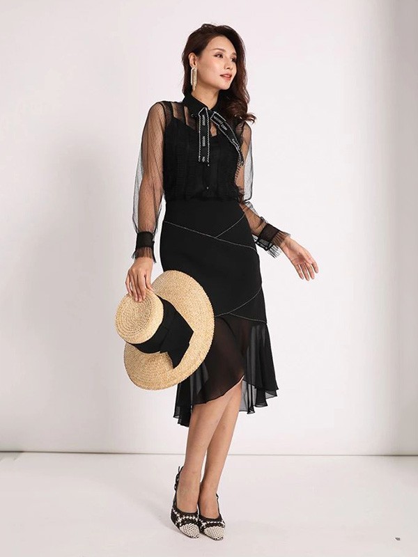 江韵古歌2022春夏季黑色连衣裙