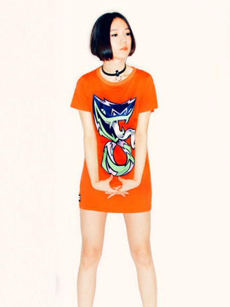 碎念怪兽休闲装2022秋冬季橙色连衣裙