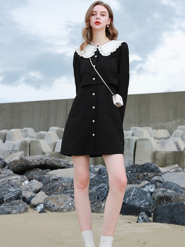 禹妃2022秋冬季黑色连衣裙