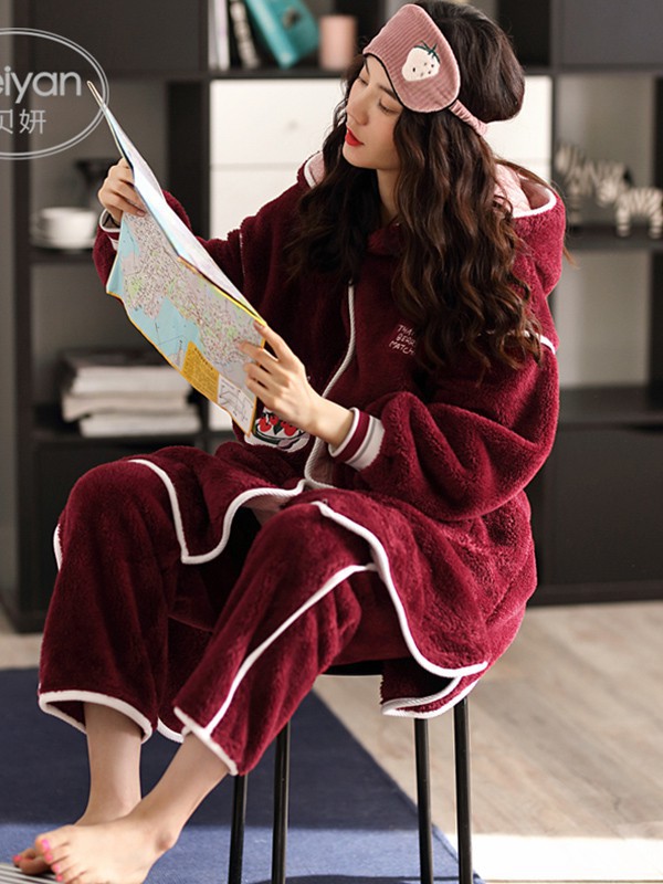 贝妍内衣2022秋冬季酒红色家居服