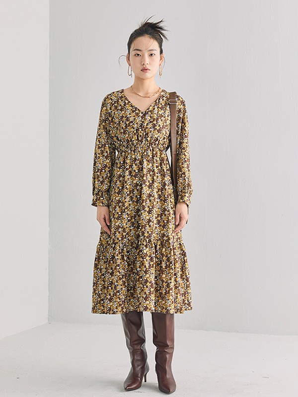 CICISHOP女装2022秋冬季黄色连衣裙