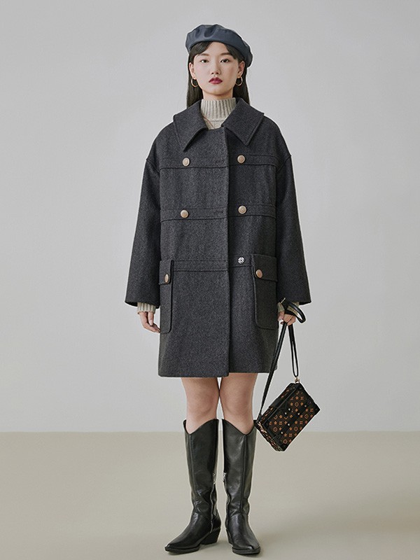 CICISHOP女装2022秋冬季黑色大衣