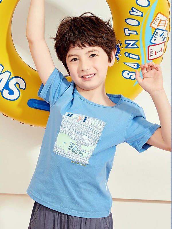 男生女生童装2022秋冬季蓝色T恤