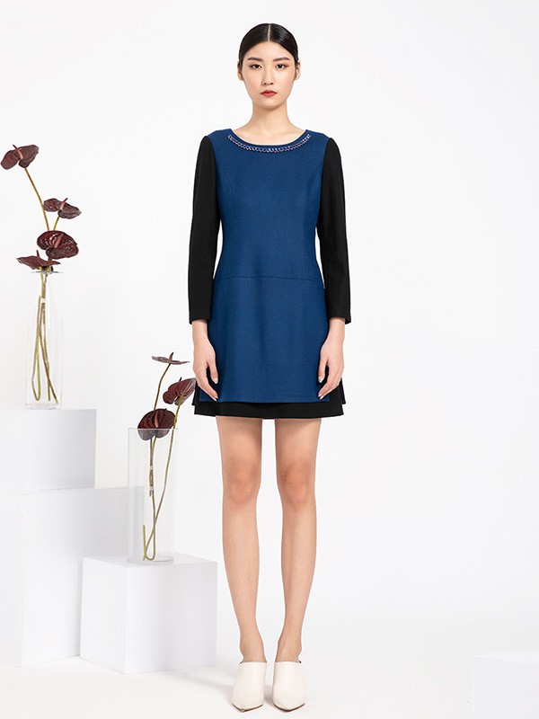 戴布拉芬女装2022秋冬季拼色连衣裙