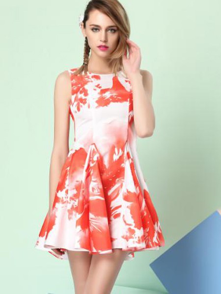 千面丽人女装2023春夏季藏蓝色连衣裙