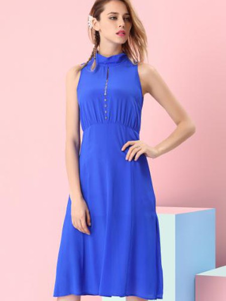 千面丽人女装2023春夏季蓝色连衣裙