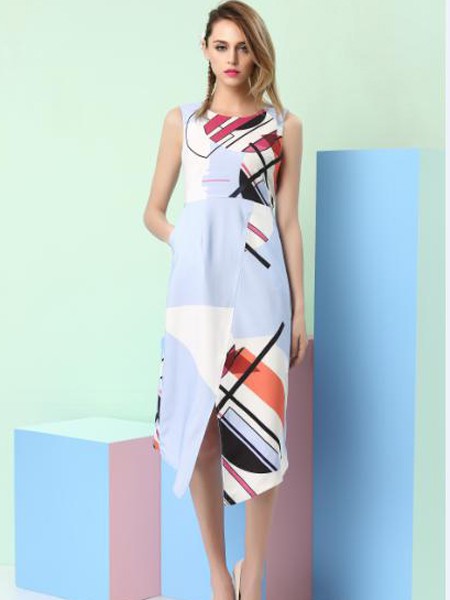 千面丽人女装2023春夏季蓝色连衣裙