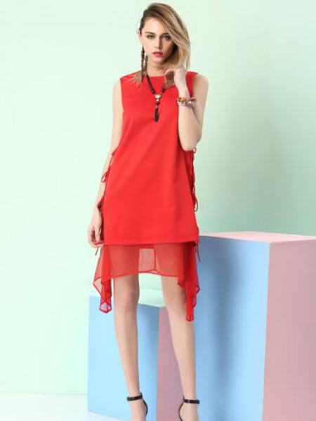 千面丽人女装2023春夏季红色连衣裙