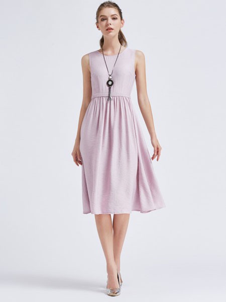 摩兰度女装2023春夏季粉色连衣裙