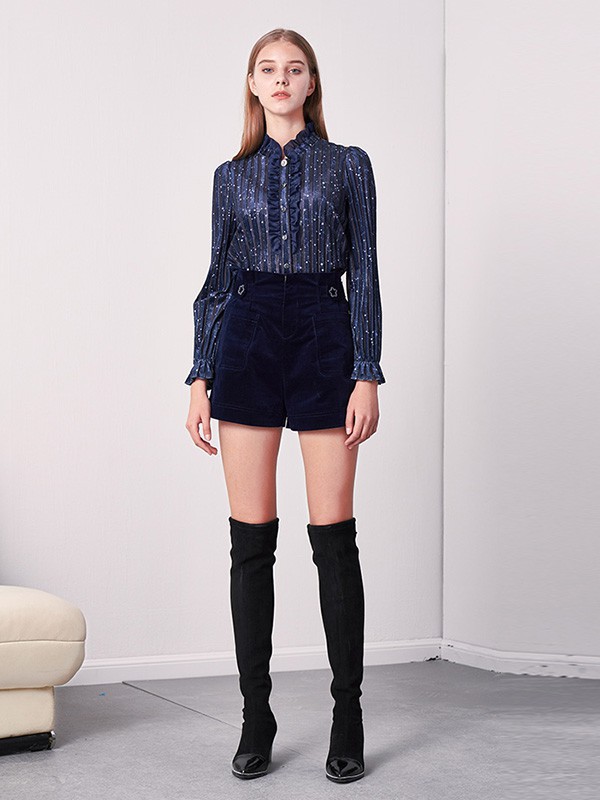 伊树女装2022秋冬季藏蓝色短裙