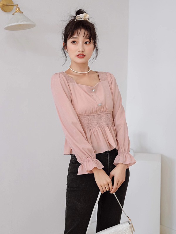 亘美女装2022秋冬季粉色雪纺衫