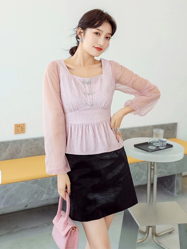 亘美女装2022秋冬季粉色雪纺衫