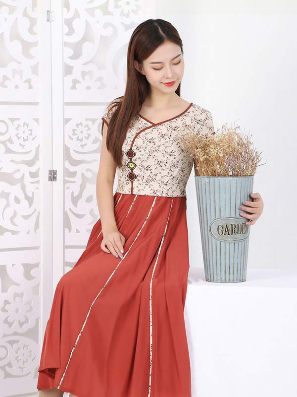 茉希女装2023春夏季橙色连衣裙