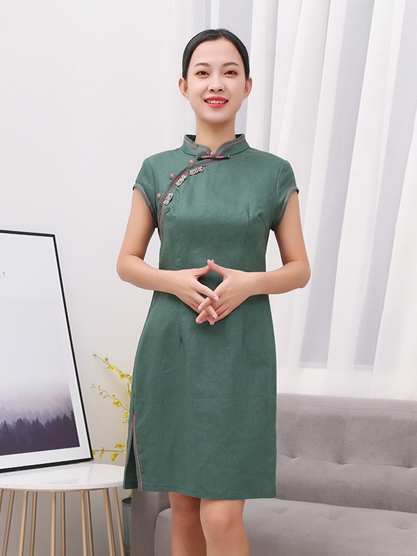 茉希女装2023春夏季绿色旗袍