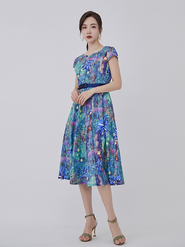 茉希女装2023春夏季蓝色连衣裙