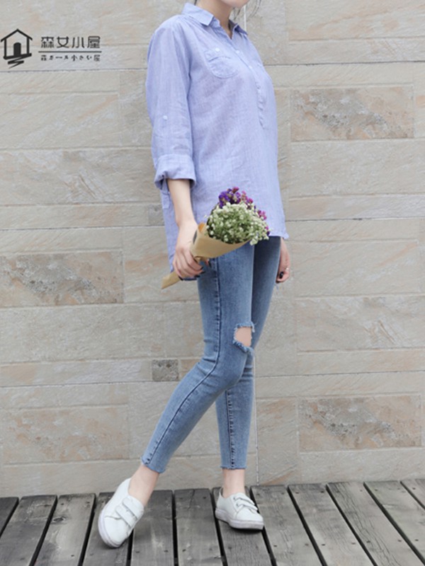 森女小屋女装2022秋冬季蓝色衬衫