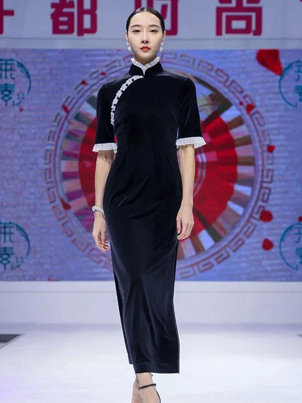 莱素女装2023春夏季黑色旗袍