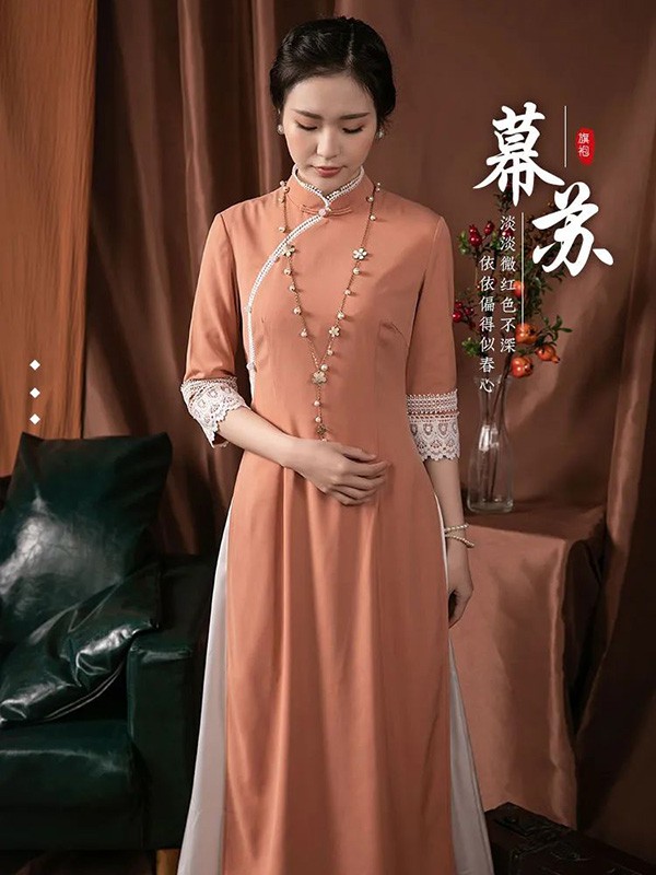 莱素女装2023春夏季橙色旗袍