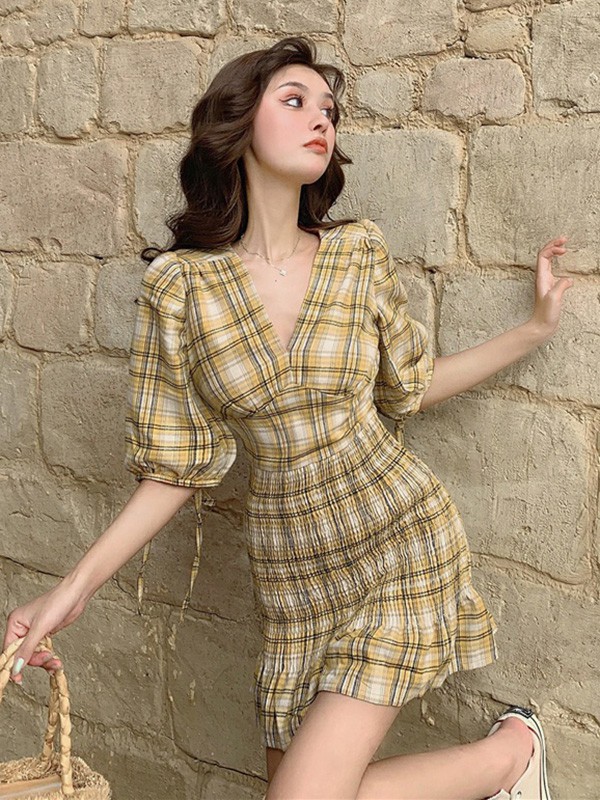 蔻贝卡女装2023春夏季黄色连衣裙