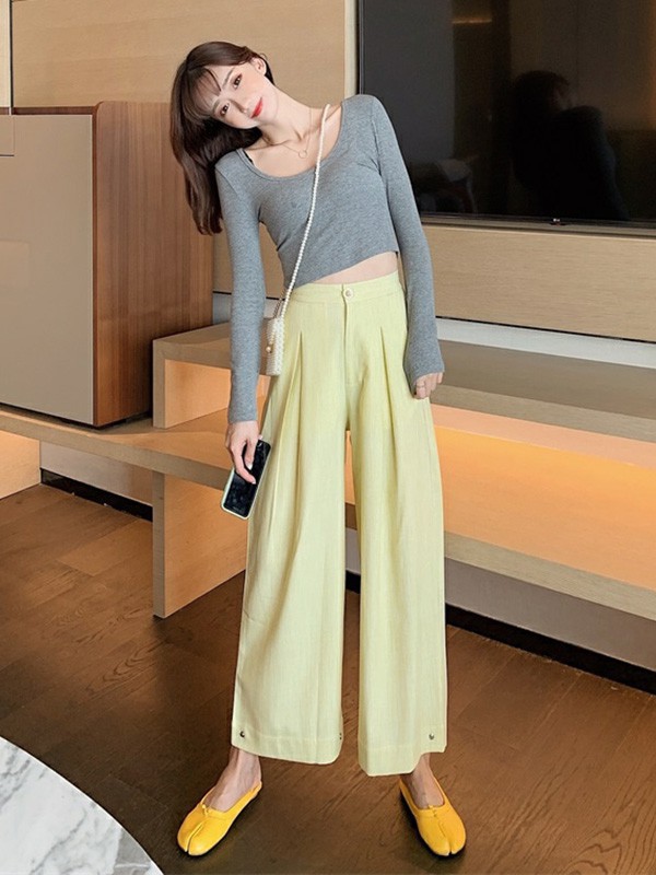 蔻贝卡女装2023春夏季黄色阔腿裤