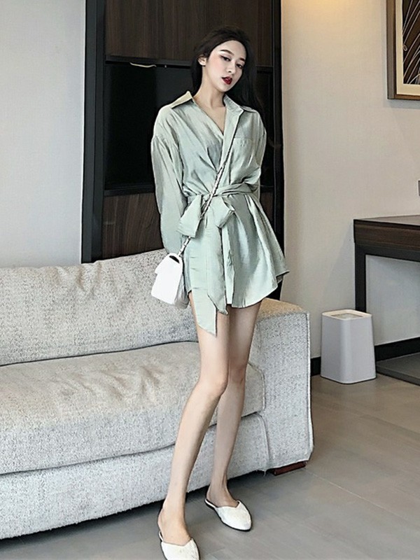 蔻贝卡女装2023春夏季绿色衬衫裙