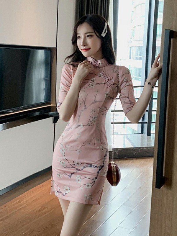 蔻贝卡女装2023春夏季粉色旗袍