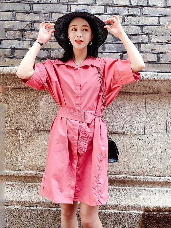 熙加女装2023春夏季粉色衬衫裙